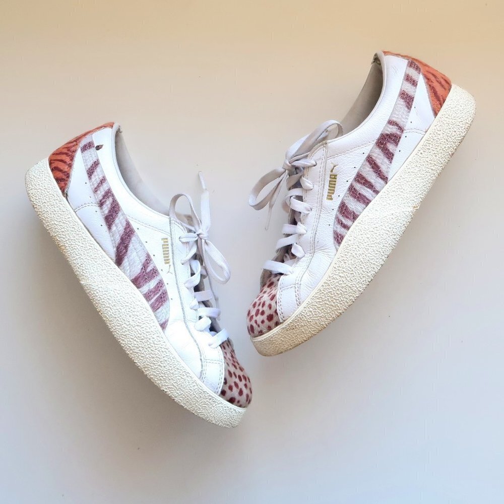 Puma Love Wildcats White Animal Print Calf Hair Lace-up Sneakers Sporty Shoes